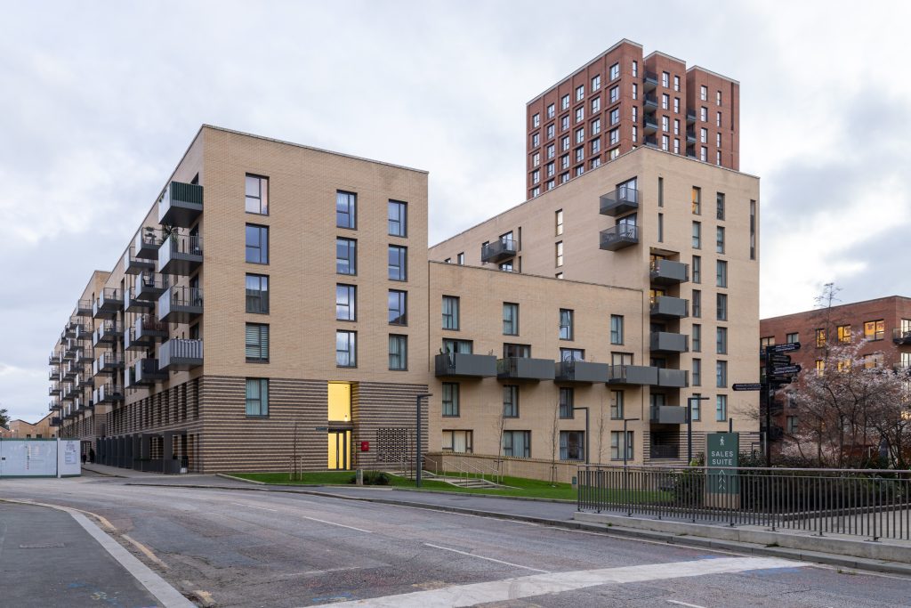Modern apartment building exterior in London residential development